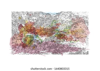 Building view with landmark of Kotor is a fortified town on Montenegro’s Adriatic coast. Watercolor splash with Hand drawn sketch illustration in vector.