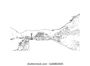 Building view with landmark of Kotor is a fortified town on Montenegro’s Adriatic coast. Hand drawn sketch illustration in vector.