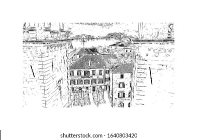 Building view with landmark of Kotor is a fortified town on Montenegro’s Adriatic coast. Hand drawn sketch illustration in vector.