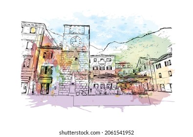 Building view with landmark of Kotor is the 
town in Montenegro. Watercolor splash with hand drawn sketch illustration in vector.