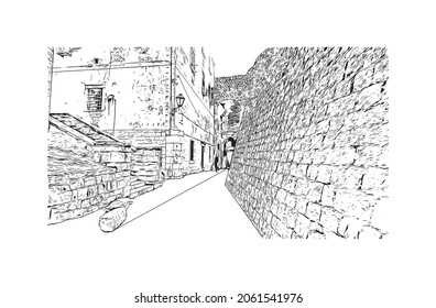 Building view with landmark of Kotor is the 
town in Montenegro. Hand drawn sketch illustration in vector.