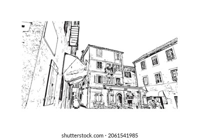 Building view with landmark of Kotor is the 
town in Montenegro. Hand drawn sketch illustration in vector.