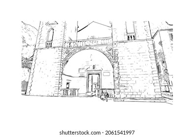 La vista de edificio con un punto de referencia de Kotor es el 
ciudad de Montenegro. Dibujo a mano de ilustración de esbozo en vector.