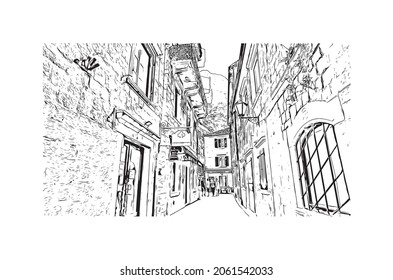 La vista de edificio con un punto de referencia de Kotor es el 
ciudad de Montenegro. Dibujo a mano de ilustración de esbozo en vector.