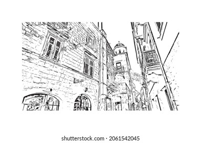 Building view with landmark of Kotor is the 
town in Montenegro. Hand drawn sketch illustration in vector.