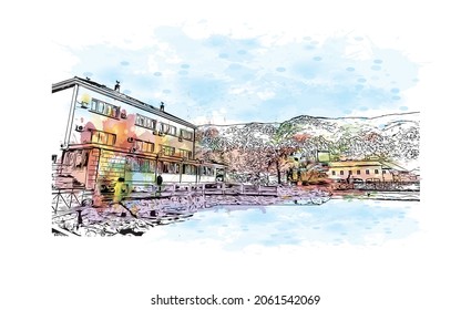 Building view with landmark of Kotor is the 
town in Montenegro. Watercolor splash with hand drawn sketch illustration in vector.