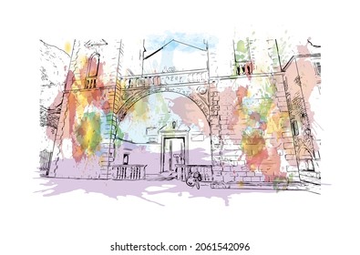 Building view with landmark of Kotor is the 
town in Montenegro. Watercolor splash with hand drawn sketch illustration in vector.