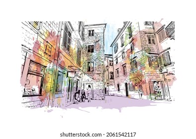 Building view with landmark of Kotor is the 
town in Montenegro. Watercolor splash with hand drawn sketch illustration in vector.