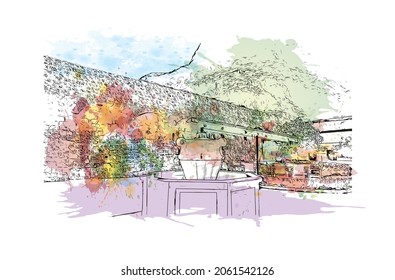 Building view with landmark of Kotor is the 
town in Montenegro. Watercolor splash with hand drawn sketch illustration in vector.