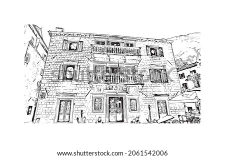 Building view with landmark of Kotor is the 
town in Montenegro. Hand drawn sketch illustration in vector.