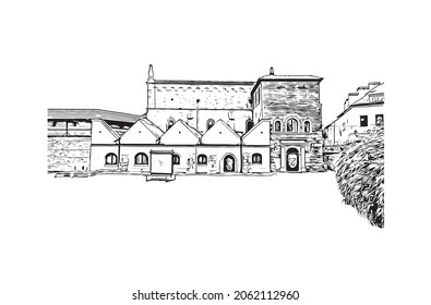 Building view with landmark of Krakow is the 
city in Poland. Hand drawn sketch illustration in vector.