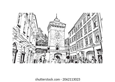 Building view with landmark of Krakow is the 
city in Poland. Hand drawn sketch illustration in vector.