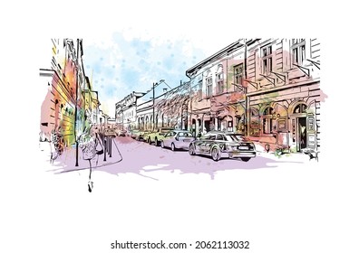 Building view with landmark of Krakow is the 
city in Poland. Watercolor splash with hand drawn sketch illustration in vector.