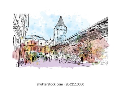 Building view with landmark of Krakow is the 
city in Poland. Watercolor splash with hand drawn sketch illustration in vector.