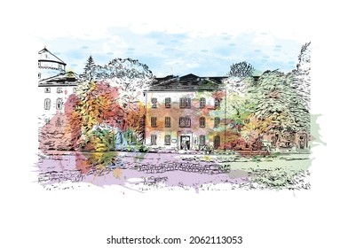 Building view with landmark of Krakow is the 
city in Poland. Watercolor splash with hand drawn sketch illustration in vector.