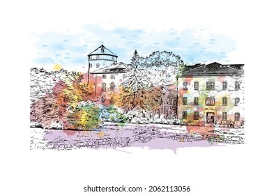 Building view with landmark of Krakow is the 
city in Poland. Watercolor splash with hand drawn sketch illustration in vector.