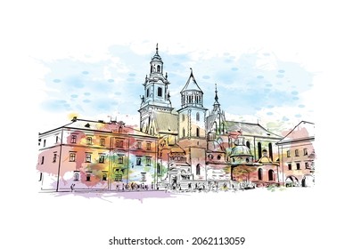 Building view with landmark of Krakow is the 
city in Poland. Watercolor splash with hand drawn sketch illustration in vector.