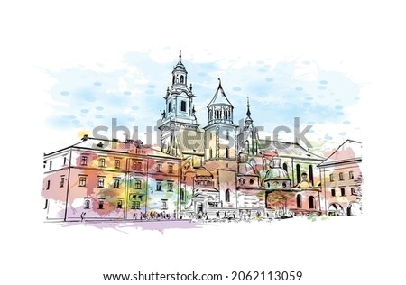 Building view with landmark of Krakow is the 
city in Poland. Watercolor splash with hand drawn sketch illustration in vector.