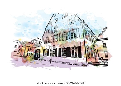 Building view with landmark of Krefeld is the 
city in Germany. Watercolor splash with hand drawn sketch illustration in vector.