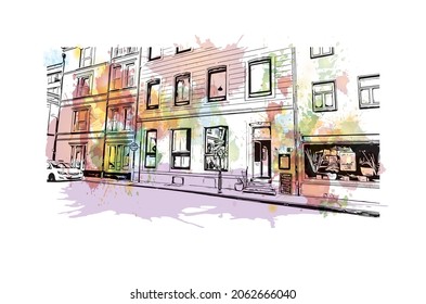 Building view with landmark of Krefeld is the 
city in Germany. Watercolor splash with hand drawn sketch illustration in vector.