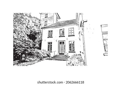 Building view with landmark of Krefeld is the 
city in Germany. Hand drawn sketch illustration in vector.