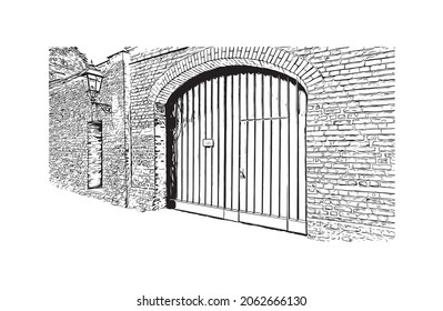 Building view with landmark of Krefeld is the 
city in Germany. Hand drawn sketch illustration in vector.