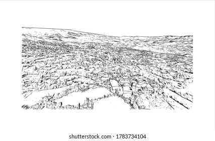 Building view with landmark of Adıyaman is a Kurdish-majority city in southeastern Turkey. Hand drawn sketch illustration in vector.
