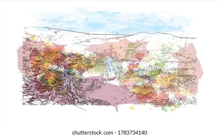 Building view with landmark of Adıyaman is a Kurdish-majority city in southeastern Turkey. Watercolor splash with hand drawn sketch illustration in vector.