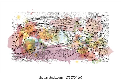 Building view with landmark of Adıyaman is a Kurdish-majority city in southeastern Turkey. Watercolor splash with hand drawn sketch illustration in vector.