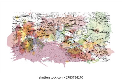 Building view with landmark of Adıyaman is a Kurdish-majority city in southeastern Turkey. Watercolor splash with hand drawn sketch illustration in vector.