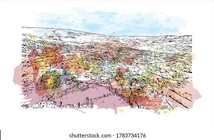 Building view with landmark of Adıyaman is a Kurdish-majority city in southeastern Turkey. Watercolor splash with hand drawn sketch illustration in vector.