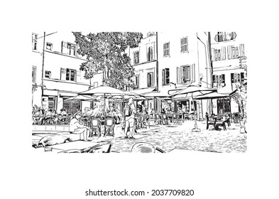 Building view with landmark of La Ciotat is the 
commune in France. Hand drawn sketch illustration in vector.