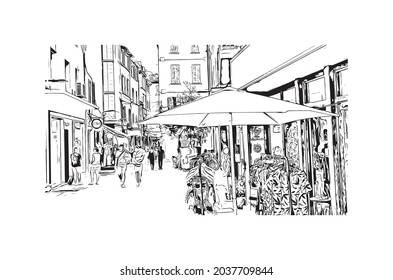 Building view with landmark of La Ciotat is the 
commune in France. Hand drawn sketch illustration in vector.