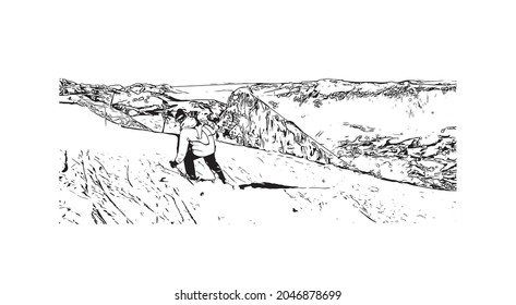 Building view with landmark of La Clusaz is the 
commune in France. Hand drawn sketch illustration in vector.