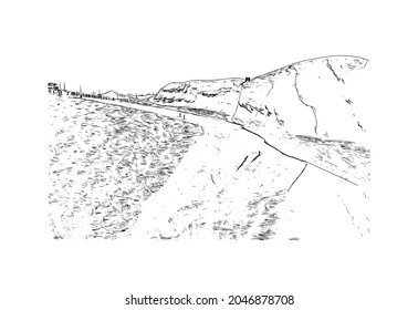 Building view with landmark of La Clusaz is the 
commune in France. Hand drawn sketch illustration in vector.