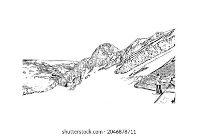 La vista del edificio con un punto de referencia de La Clusaz es 
comuna en Francia. Dibujo a mano de ilustración de esbozo en vector.