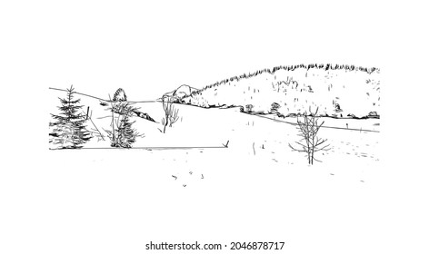 Building view with landmark of La Clusaz is the 
commune in France. Hand drawn sketch illustration in vector.