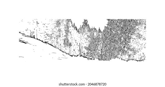 Der Ausblick auf das Gebäude mit Wahrzeichen von La Clusaz ist der 
Gemeinde in Frankreich. Handgezeichnete Skizzengrafik in Vektorgrafik.