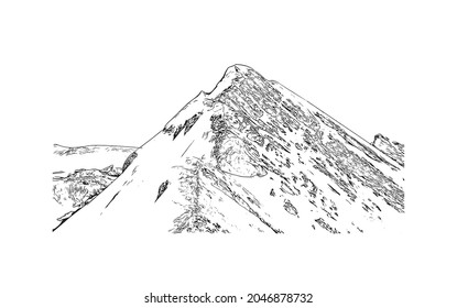 Building view with landmark of La Clusaz is the 
commune in France. Hand drawn sketch illustration in vector.
