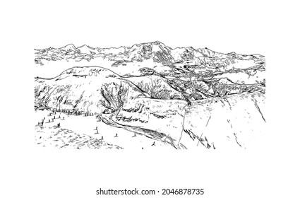 La vista del edificio con un punto de referencia de La Clusaz es 
comuna en Francia. Dibujo a mano de ilustración de esbozo en vector.