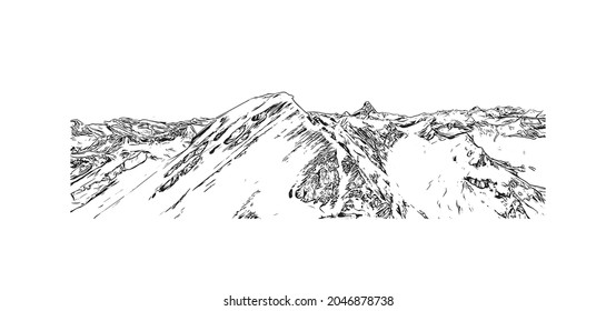 Building view with landmark of La Clusaz is the 
commune in France. Hand drawn sketch illustration in vector.