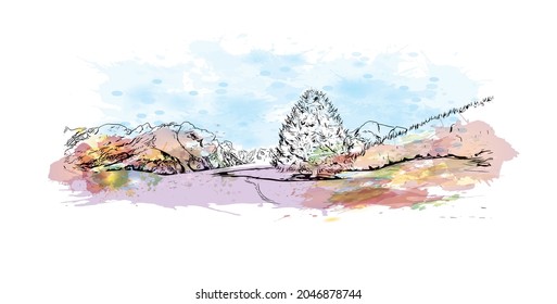Building view with landmark of La Clusaz is the 
commune in France. Watercolor splash with hand drawn sketch illustration in vector.