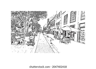 Building view with landmark of  La Laguna is the 
city in Spain. Hand drawn sketch illustration in vector.