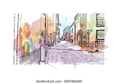 Building view with landmark of  La Laguna is the 
city in Spain. Watercolor splash with hand drawn sketch illustration in vector.