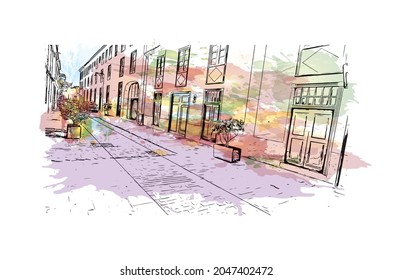 Building view with landmark of  La Laguna is the 
city in Spain. Watercolor splash with hand drawn sketch illustration in vector.