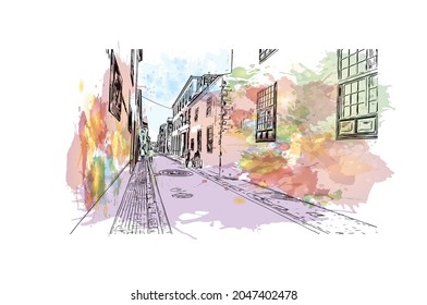 Building view with landmark of  La Laguna is the 
city in Spain. Watercolor splash with hand drawn sketch illustration in vector.