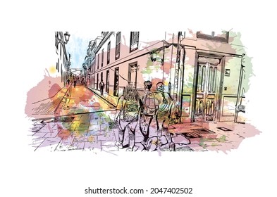 Building view with landmark of  La Laguna is the 
city in Spain. Watercolor splash with hand drawn sketch illustration in vector.