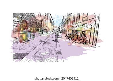 Building view with landmark of  La Laguna is the 
city in Spain. Watercolor splash with hand drawn sketch illustration in vector.
