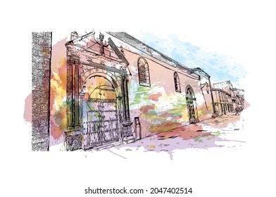 Building view with landmark of  La Laguna is the 
city in Spain. Watercolor splash with hand drawn sketch illustration in vector.