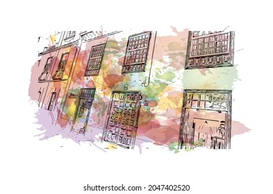 Building view with landmark of  La Laguna is the 
city in Spain. Watercolor splash with hand drawn sketch illustration in vector.